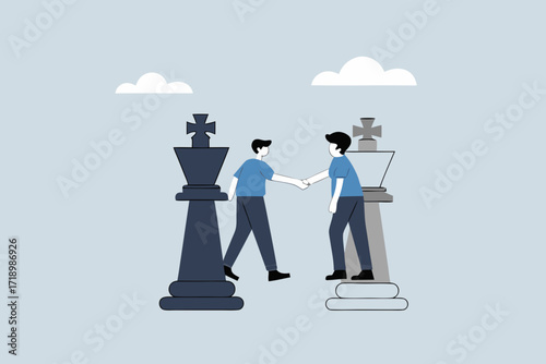 Negotiation strategy, business competitors stand in check after final pressure.