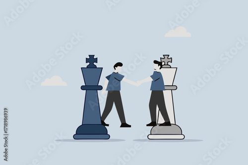 Negotiation strategy, business competitors stand in check after final pressure.