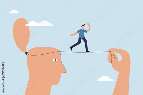 Challenge yourself, man pulls rope and lets the acrobat go to reach his goal.