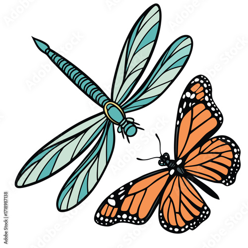 A colourful monarch butterfly with orange and black wings flies over a beautiful summer garden