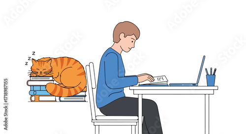Illustrative depiction of focused male student studying with his relaxed ginger cat companion quietly napping on nearby books for academic concept