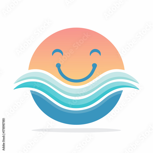 A cheerful sun with a smiling face is partially submerged by stylized blue and turquoise waves, suggesting a happy day at the beach or a positive outlook.