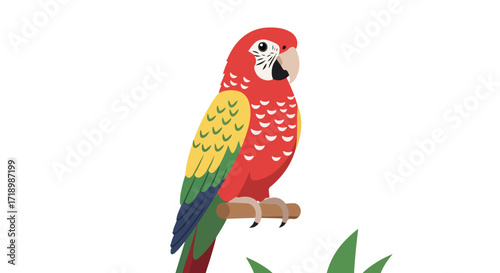 Vibrant parrot illustration perched on a branch, showcasing its radiant feathers and playful pose in a clean isolated setting