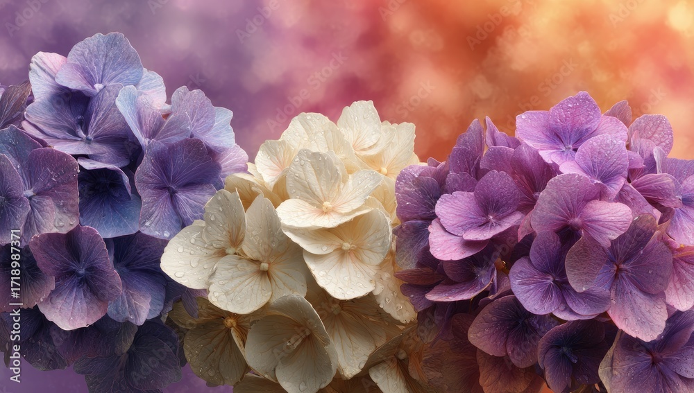 Fototapeta premium Close-up of three hydrangea blossoms in shades of purple and cream, with water droplets, set against a soft, colorful background