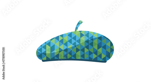 Stylized beret with geometric pattern, showcasing blue and green shades, isolated on a clear white background, ideal for design projects or creative