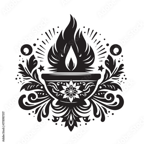 Black Diwali diya with flame Silhouette Vector, High Quality Illustration on White Background