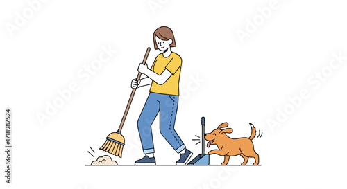 Illustrative depiction of a person sweeping while accompanied by a delighted dog showcasing domestic chore and pet companionship