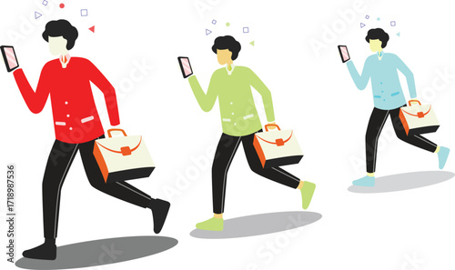 Busy office workers running with briefcase and smartphone