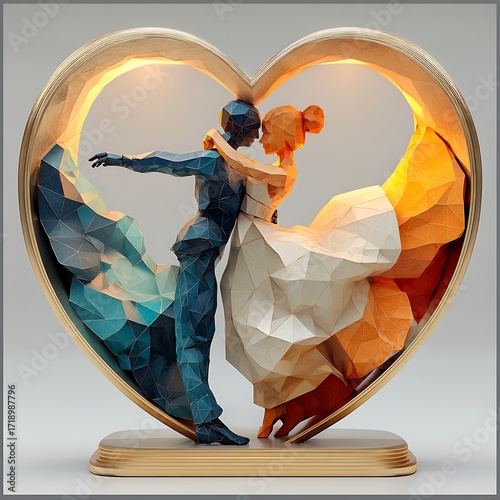 Polygon style lovers embracing in heart frame high resolution photo