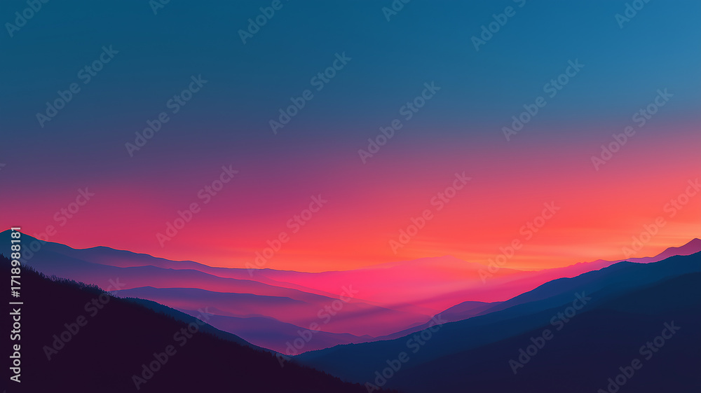 Fototapeta premium Sunset or sunrise in the mountains - concept landscape. Pink dawn sky. Creative poster. AI artwork.