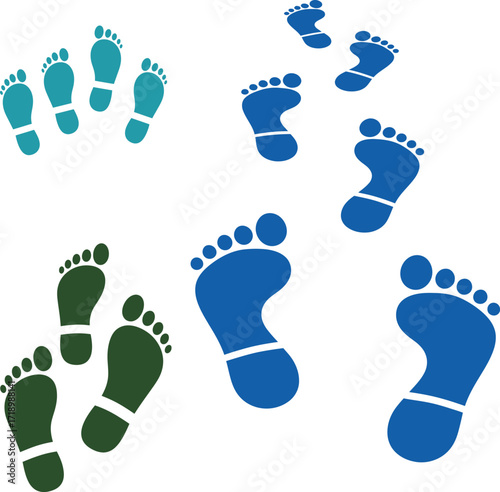 Vector Footprints in Assorted Colors ,Set of Barefoot Prints and Shoe Soles