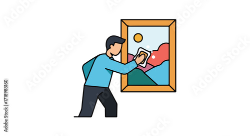 Illustration of a man meticulously cleaning a framed painting with colorful landscape within the artwork, showcasing attention to detail and