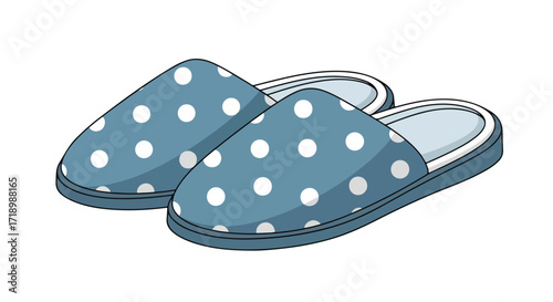Illustration of comfortable blue polka dot house slippers, cozy footwear for relaxation, cartoon style image, indoors comfort, bedroom fashion