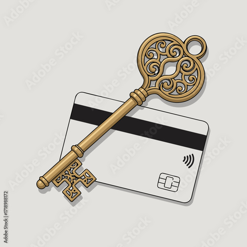 An old key and a modern access card. The concept of technology evolution, progress, generational changes, and the transition from analog security systems to digital ones.