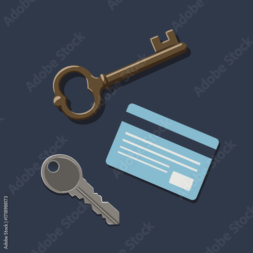 An old key and a modern access card. The concept of technology evolution, progress, generational changes, and the transition from analog security systems to digital ones.