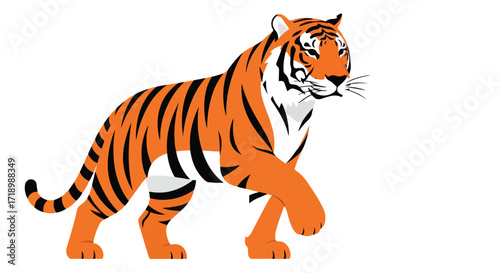 Striking tiger illustration with vivid orange fur and bold black stripes, prowling confidently on a clean white background