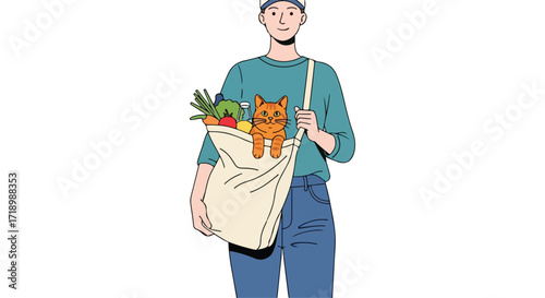 Man carrying a canvas bag filled with groceries and a cute ginger cat, healthy lifestyle concept with fresh produce and a feline companion in a