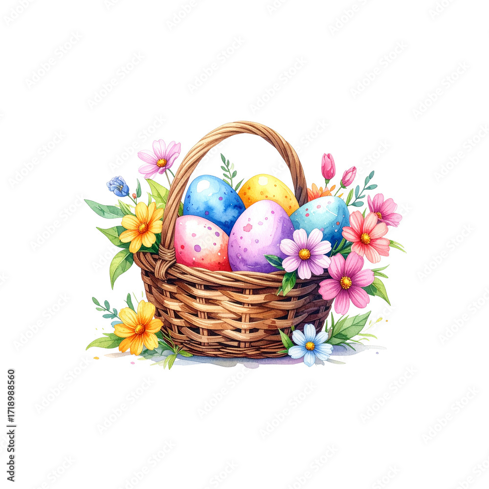 Fototapeta premium A wicker basket overflowing with colorful Easter eggs and spring flowers