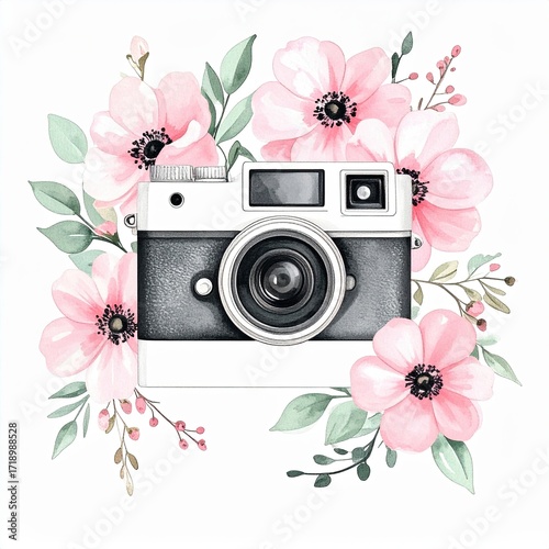 Black and white vintage camera surrounded by pink flowers illustration
