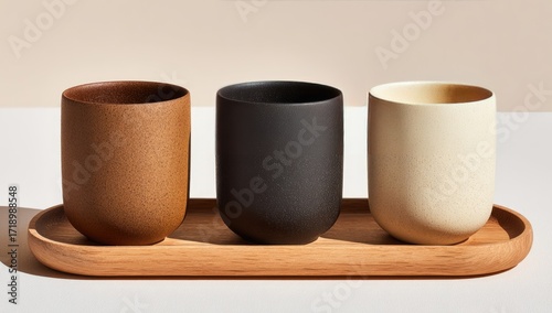 Three textured ceramic cups on a wooden tray