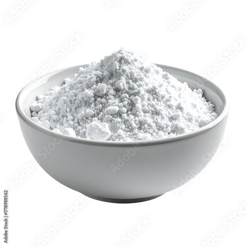 A white ceramic bowl filled with a mound of fine, white powder