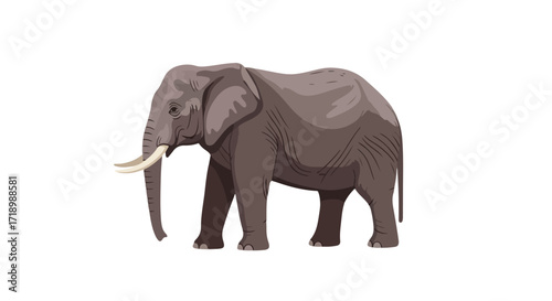 Illustration of a majestic african elephant walking gracefully with prominent tusks on a plain background in the wild scene