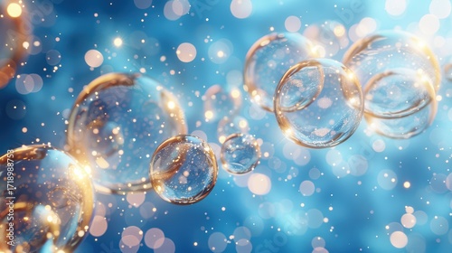Beautiful Bubbles with Sparkling Light in a Blue Background