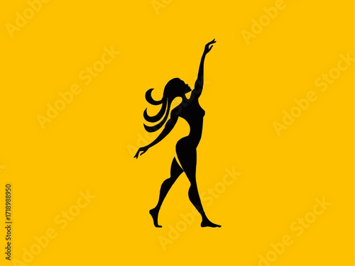 Elegant silhouette of a graceful woman stretching, embodying freedom and natural beauty, perfect for spa, wellness, or dance concepts