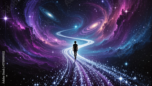Dreamy Illustration of Solitary Figure on Sparkling Path Through Galaxy