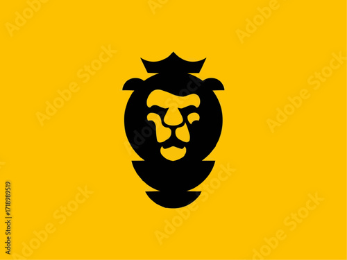 Bold black lion head emblem with crown symbolizing strength courage and regal power for modern brands