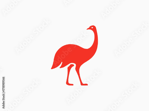 Vibrant red ostrich silhouette stands tall and proud, symbolizing freedom and natural grace in a clean design.