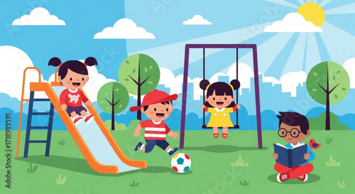 Children playing in playground vector illustration for kids activities and outdoor fun design assets set