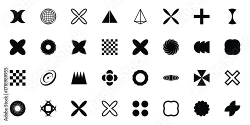 Abstract brutalist shapes. Geometric contemporary y2k figures, bauhaus graphic elements, star, circle and flower shapes flat set. Modern design shapes collection vector illustration. EPS 10