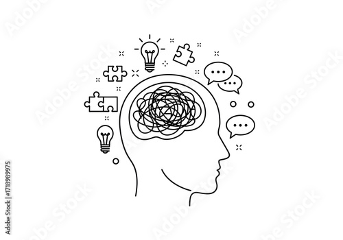 Conceptual line art depicting a complex mind with tangled thoughts, brainstorming ideas, and problem-solving, symbolizing mental complexity and the journey towards clarity