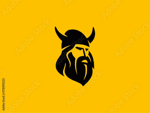 Bold Viking warrior profile with horned helmet and flowing beard, powerful emblem for strength and heritage