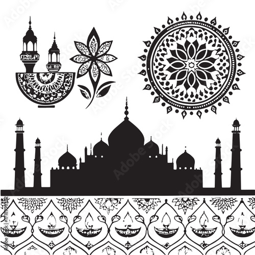 Black Diwali & Rangoli Patterns  Silhouette Vector, High Quality Illustration on White Background