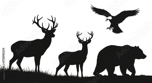 Wildlife silhouette vector art featuring deer bear and eagle for nature and outdoors designs and graphics