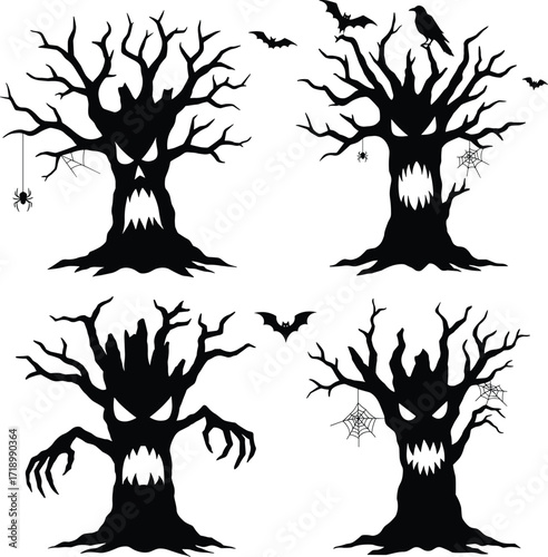 Spooky halloween trees with scary faces bats and crow silhouettes for holiday decorations