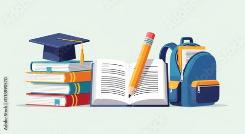 Back to school supplies vector illustration featuring books backpack pencil and graduation cap for education 100