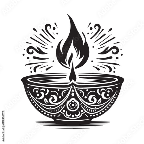 Black Diwali diya with flame Silhouette Vector, High Quality Illustration on White Background