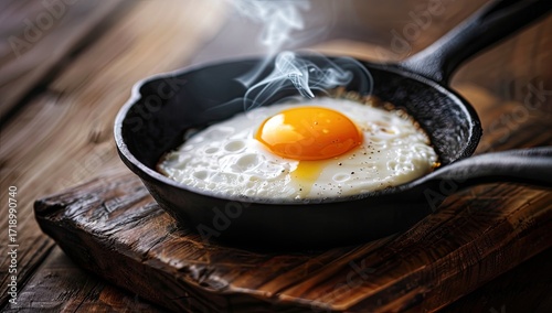 A perfectly fried egg with a runny yolk sits in a dark cast iron skillet on a rustic wooden surface, steam gently rising
