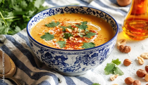 Creamy soup in ornate bowl, garnished with nuts and herbs