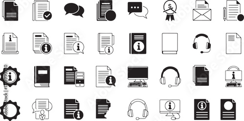 Illustration of collection of information and document icons isolated on white background