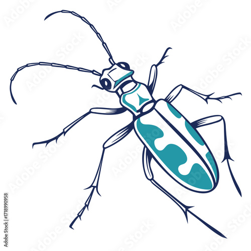 Vector illustration of a black and white longhorn beetle with green leaves