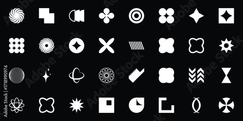 Set of 32 abstract geometric shapes, symbols, logomarks and other simple graphic design elements for minimalist, brutalist design. Swiss style, Y2K, postmodern. Vector illustration. EPS 10