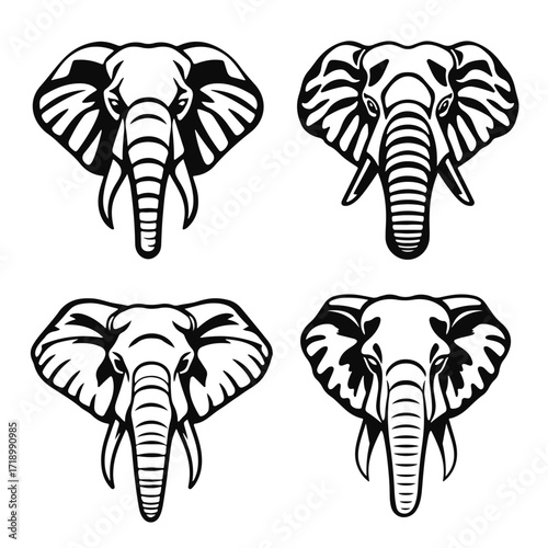 Elephant head illustration set, wild animal vector design, majestic elephant face art, safari wildlife drawing, exotic nature emblem
