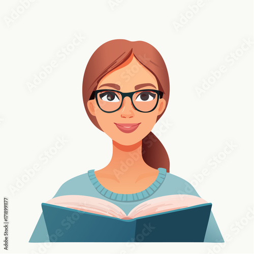 Portret uśmiechniętej kobiety w okularach czytającej książkę. Koncepcja edukacji, wiedzy i hobby.
