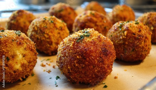 Crispy, golden-brown food balls on a baking sheet