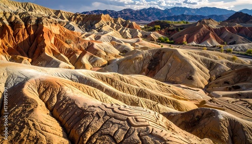 Rusty machinery rests within clay ruins landscape