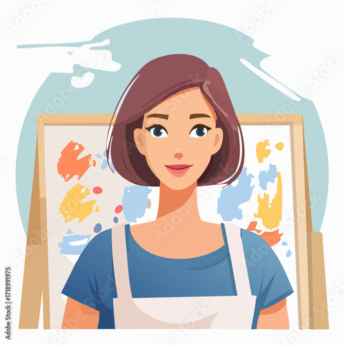 Portret uśmiechniętej malarki przed sztalugą. Koncepcja kreatywności, hobby i pasji.